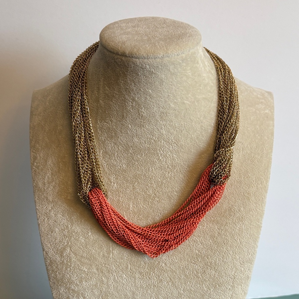 Coral & Gold Multi Strand Chain Necklace Statement Mesh Chain